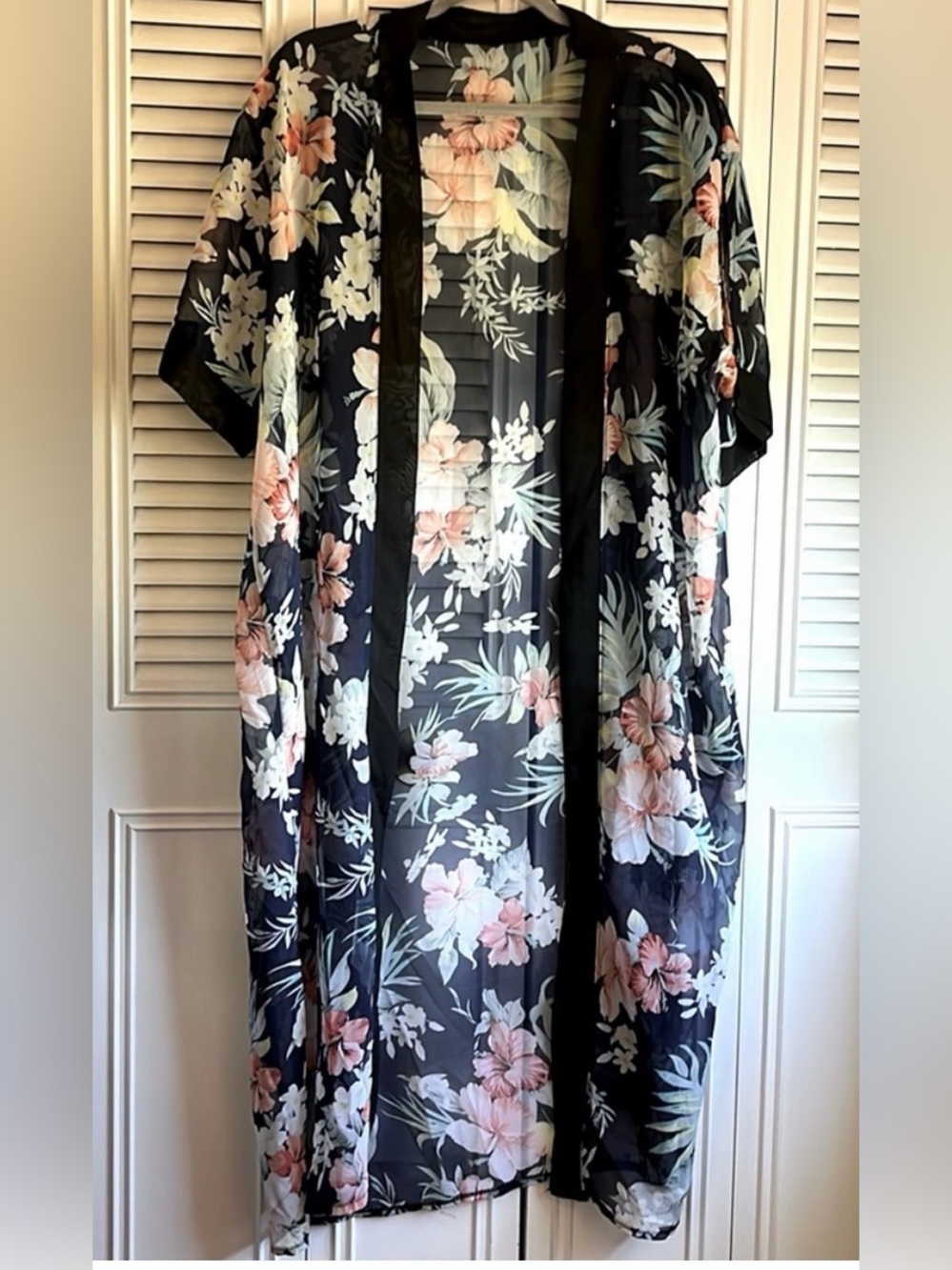 Floral Sheer Kimono  - Navy with Pink & Cream Blooms
